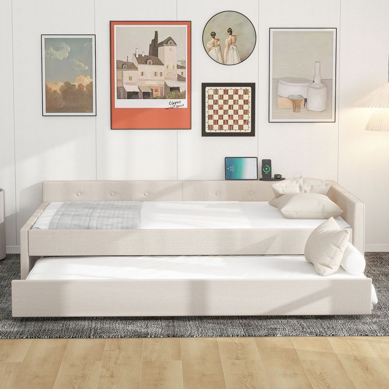 Full/Queen Size Upholstered Platform Bed with USB Ports, Modern Daybed with Trundle, Beige - ModernLuxe, 2 of 11