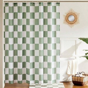 Sage Green Checkered Shower Curtain, Vintage Retro Bath Curtain, 72x72 Inch Washable Fabric. - 1 of 4