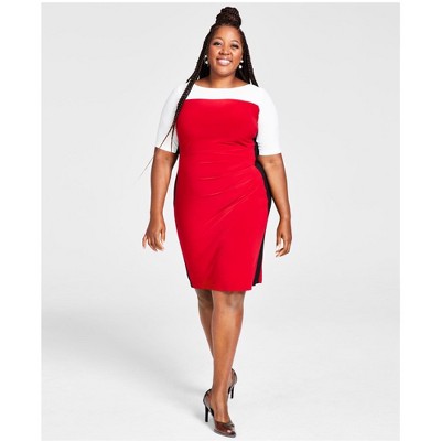 Kasper Womens Colorblock Office Wear Sheath Dress, Red, 3X