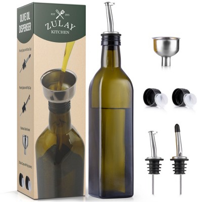 Zulay Kitchen Olive Oil Dispenser Bottle For Kitchen Glass Bottle With 2 Spouts 2 Removable Corks 2 Caps 1 Funnel - Dark Brown