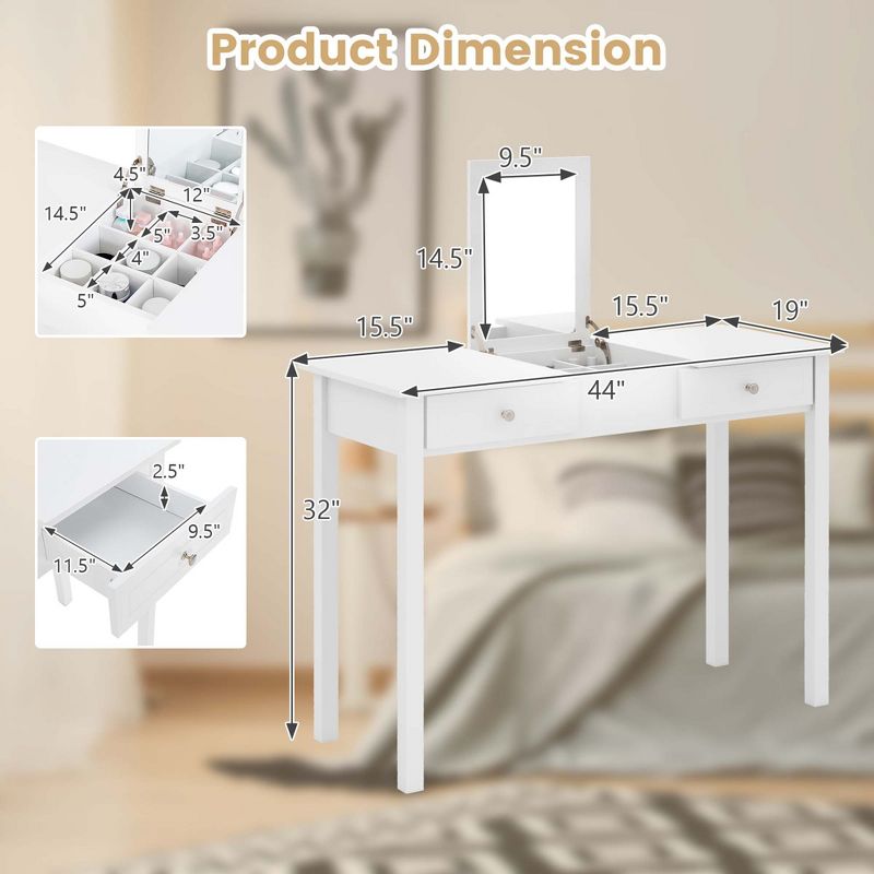 Costway 2-In-1 Vanity Table with Flip-Top Mirror 2 Drawers 9-Slot Storage Compartment White, 3 of 11