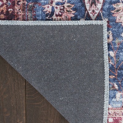 Vintage Elegance 2' x 6' Blue/Brick Floral Washable Indoor Rug