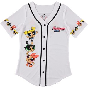 Ladies Powerpuff Girls Baseball Jersey - Powerpuff Mesh Button Down Baseball Jersey - Blossom Bubble and Buttercup Shirt - 1 of 4