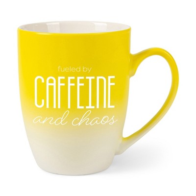 Elanze Designs Fueled By Caffeine And Chaos Two Toned Ombre Matte Yellow and White 12 ounce Ceramic Stoneware Coffee Cup Mug