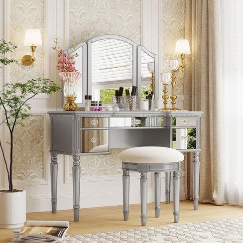 Nicbex Vanity Desk With Mirror 43 Vanity Table With Tri fold Mirror European Style Makeup Vanity With 5 Drawer And 1 Upholstered Stool Silver Target