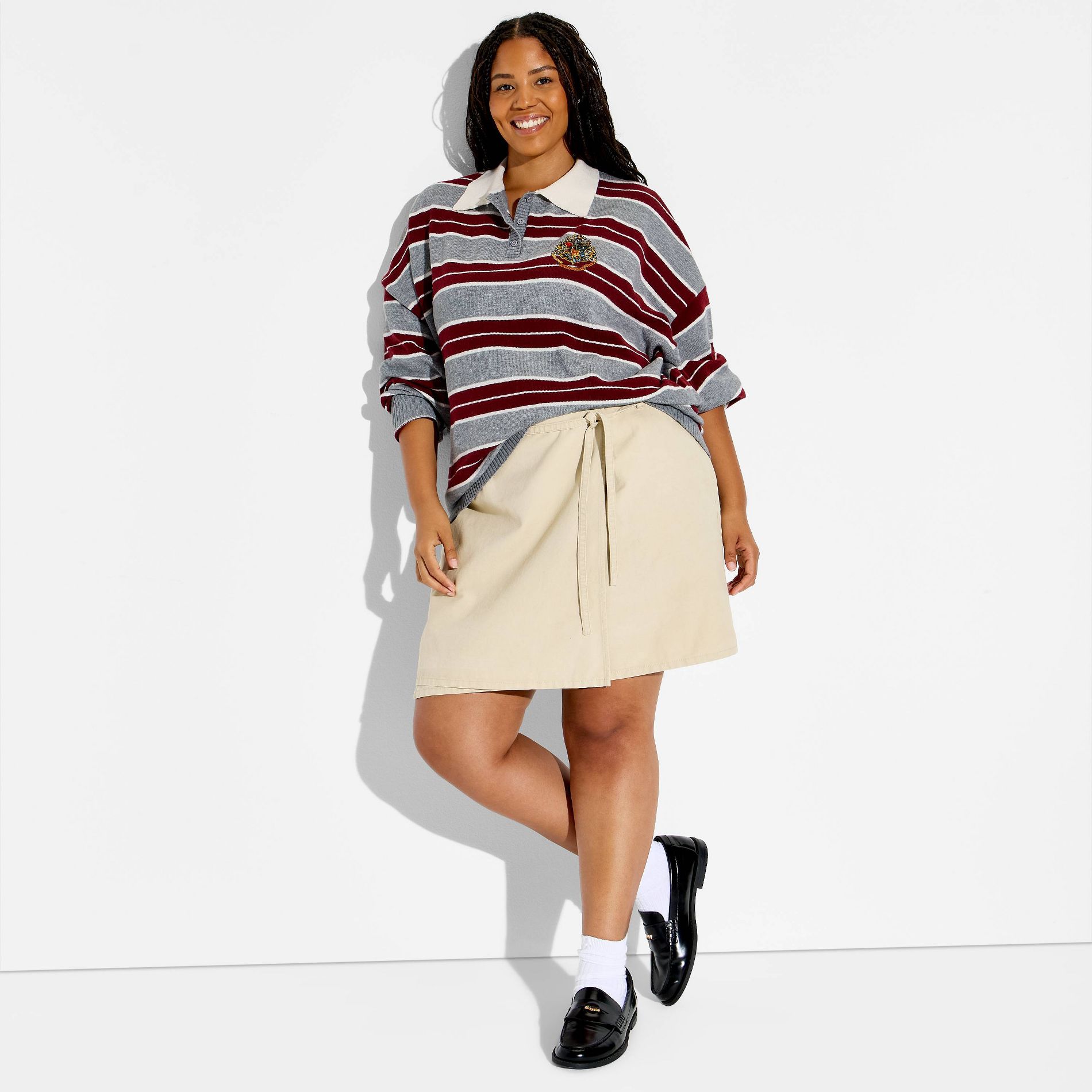 Women's Harry Potter Striped Polo Graphic Sweater - Gray 1X