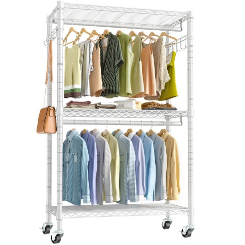 Garment Rack 3 Tiers Heavy Duty Clothes Rack Rolling Free-Standing Clothing  Closet Rack Organizer Storage Shelves with 2 Rods/Lockable Wheels/2 Side