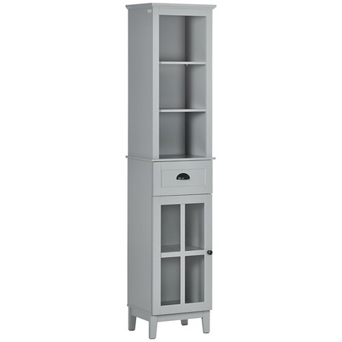 kleankin Slim Bathroom Storage Cabinet, Floor Standing Bathroom Organizer,  Linen Tower with Open Shelves and Glass Door, White