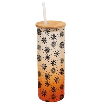 Elanze Designs Falling Snow Winter Scene Wrap-Around Design 25 Ounce Frosted Gradient Glass On-The-Go Coffee Travel Skinny Tumbler Mug Cup, Bamboo Lid