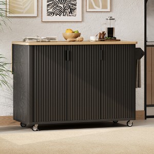 51" Fluted Kitchen Island on Wheels, with Drop Leaf, Internal Storage Rack and Towel Rack, for Kitchen, Dining Room - 1 of 4