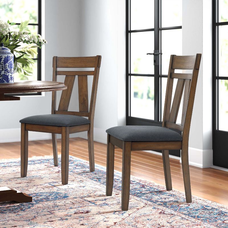 LuxenHome Set of 2 Brown Natural Rubberwood Upholstered Gray Dining Chair, 3 of 7