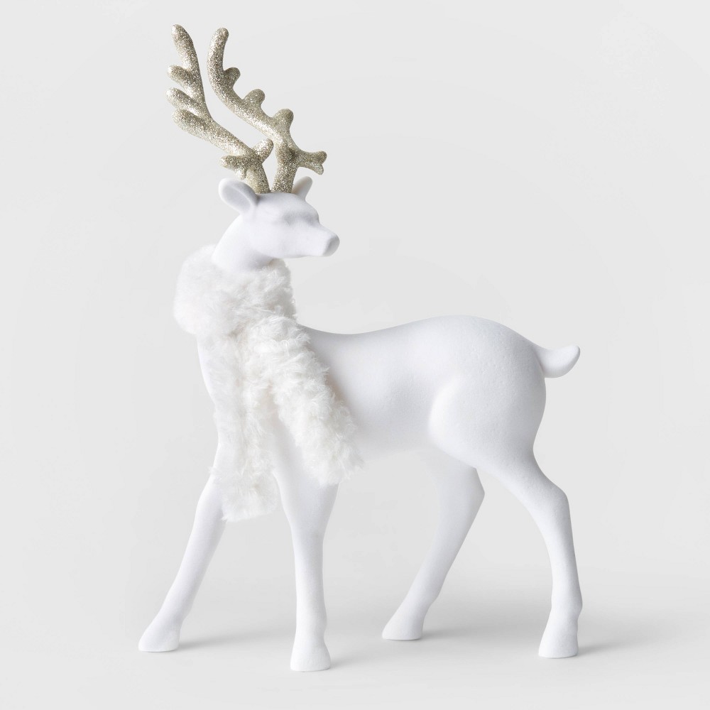 12.5" Flocked Standing Deer Decorative Figurine with Gold Glitter Antlers White - Wondershop