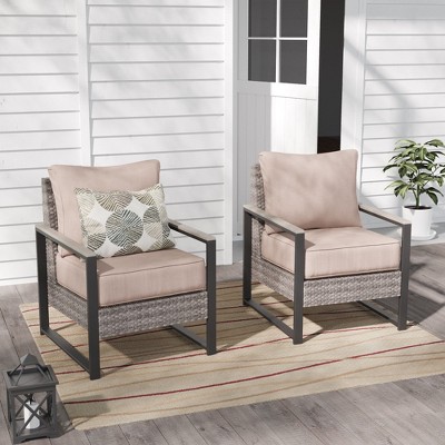 Sonkuki 2 Piece Wicker Patio Chairs Set, All-Weather PE Rattan Wicker Chair Patio Conversation Couch with Cushion