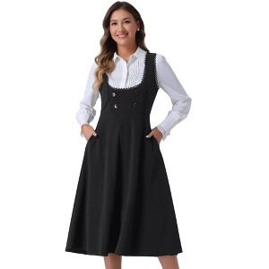 INSPIRE CHIC Women's Lace Trim Button Decor Overalls Midi Pinafore Dress with Pockets - 1 of 4