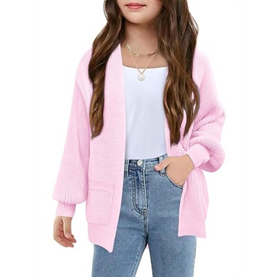 Girls' Lantern Sleeve Open - Front Knit Cardigan, Casual Loose Fit Sweater for Kids, Perfect for Layering