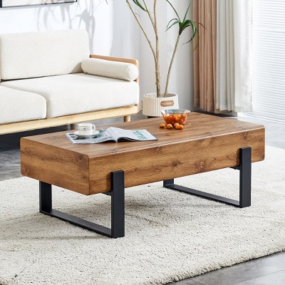 Modern Industrial Coffee Table with Wood Grain Finish and Metal Legs, Rectangular Center Table for Living Room or Office Decor-The Pop Home