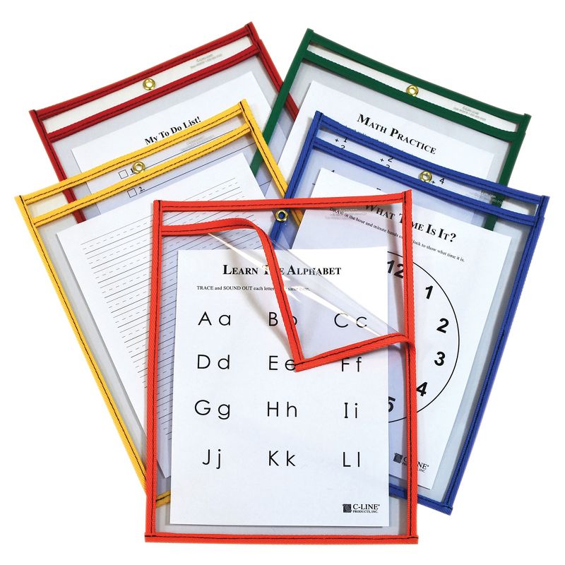 C-Line® Super Heavyweight Plus Reusable Dry Erase Pockets - Study Aid, Assorted Primary Colors, 9 x 12, Box of 25, 1 of 3