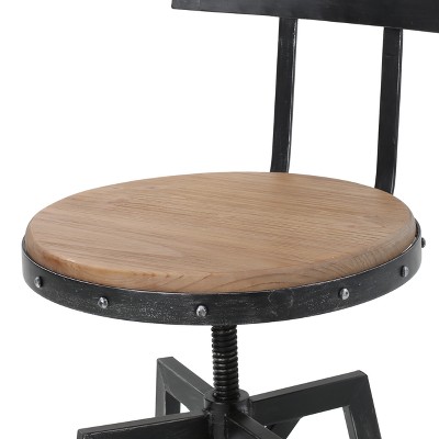 Adjustable Black Metal and Firwood Swivel Barstool