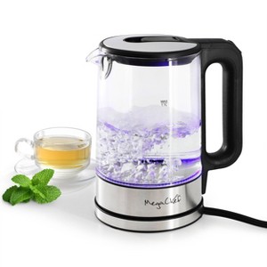MegaChef 1.7L Glass Electric Tea Kettle: 1000W Borosilicate Glass, Stainless Steel Lid, Plastic Handle, Hand Wash, Clear - 1 of 4