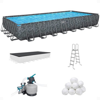Bestway APX 365 Rectangular Swimming Pool Above Ground Outdoor Backyard Framed Pool Set with Sand Filter Pump, Ladder, and Cover, 31'4" x 16' x 52"