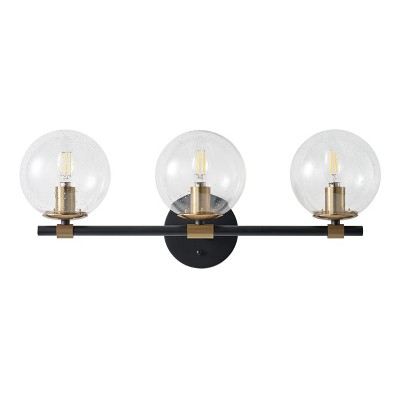 3-Light Globe Bathroom Wall Light, Black and Gold Vanity Fixture with Clear Seeded Glass Shades