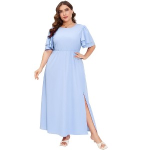 Plus Size Women's Tiered Ruffle Sleeve Maxi Dress with High Slit Elegant Long Flowy Party Dress - 1 of 4