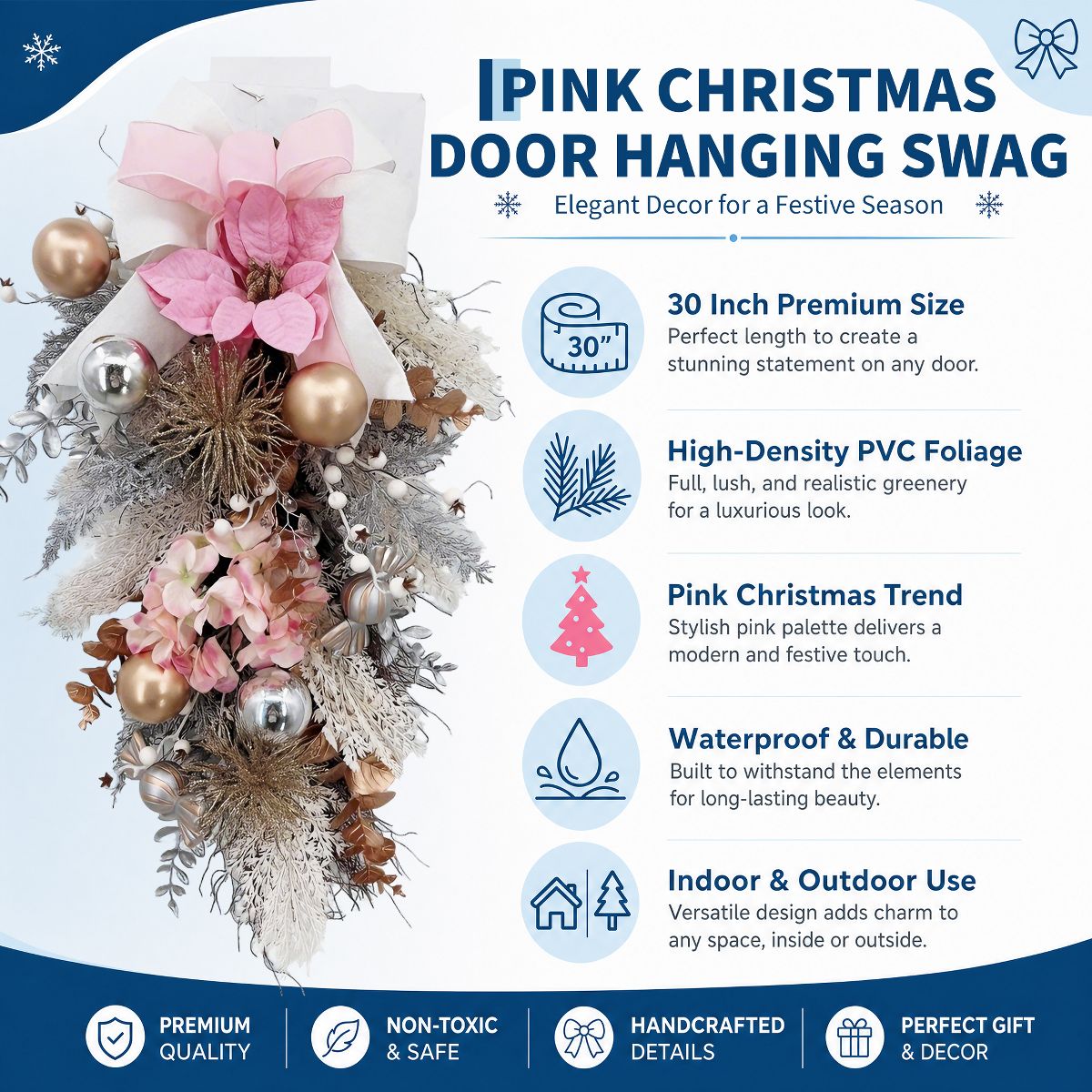 Garvee 30-Inch Christmas Wreath for Front Door with Pink Ribbon Bow - Artificial PVC Wreath for Holiday Door Decor Indoor Outdoor - thumbnail 3