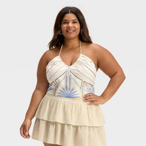 Women's Embroidered Halter Top - Universal Thread™ Blue - 1 of 3