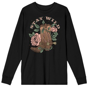 Vintage Country Boots and Roses Stay Wild Men's Black Long Sleeve Crew Neck Tee - 1 of 3