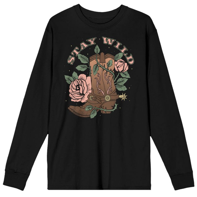 Vintage Country Boots and Roses "Stay Wild" Men's Black Long Sleeve Crew Neck Tee, 1 of 4