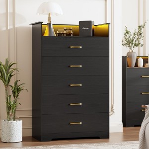 narrow black dresser Modern 5-Drawer Tall with LED Light & Charging Station 16