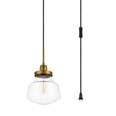 Brass and Clear Seeded Glass Plug-In Pendant Light with Adjustable Cord