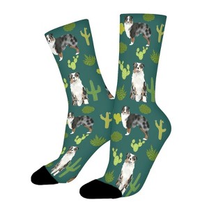 Australian Shepherd Dog Cactus Green Women Printed Crew Socks Funny Funky Socks Soft Polyester Novelty Gifts for Artists Men - 1 of 1