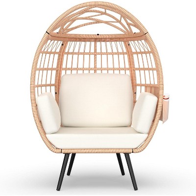 Egg Chair Oversized Lounger with UV-Resistant Cushions, All-Weather Wicker for Indoor/Outdoor, 370lbs Capacity, White