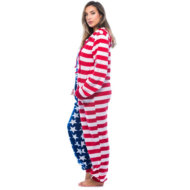 #followme Womens One Piece American Flag Adult Onesie Hooded Pajamas - Red, White, & Blue, 2 of 5