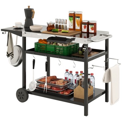 Outsunny Outdoor Bar Cart Grill Table with Wheels, Stainless Steel Tabletop Outdoor Pizza Oven Stand Prep Table with Three-Shelf Storage and Hooks