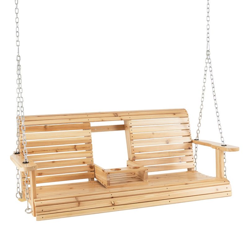 Costway 2-seat Wood Swing Bench with Folding Cup Holder and Sturdy Metal Hanging Chains, 2 of 11