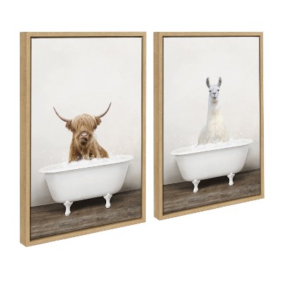 Highland Cow and Llama Bubble Bath Canvas Art Set, 18x24, Natural Wood Frame