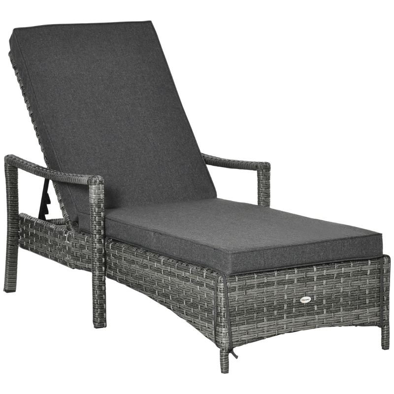 Outsunny Patio Chaise Lounge Chair, Outdoor PE Rattan Single Sun Lounger with 4-Level Adjustable Backrest and Removable and Washable Cushion, 1 of 7