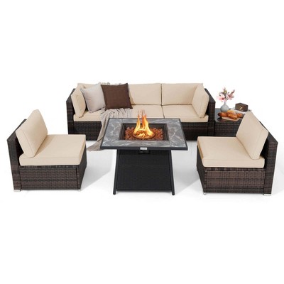 Tangkula Set of 7 Patio Furniture Set w/ 35" Propane Gas Fire Pit Table & Waterproof Cover