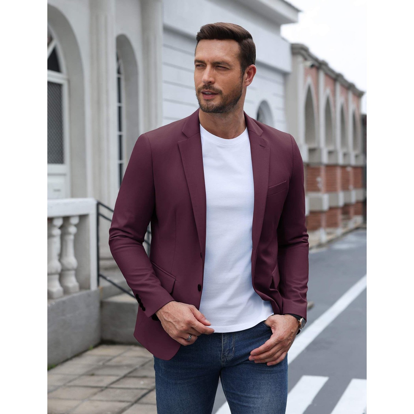 Мужская куртка COOFANDY Slim Fit Sport Blazer Jacket Dark Red, цвет: Тёмный красный — фото 5