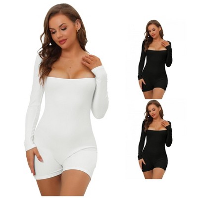 INSPIRE CHIC Women's Square Neck Leotard Jumpsuit Shapewear Tummy Control Slimming Long Sleeve Full Bodysuits 3 Packs