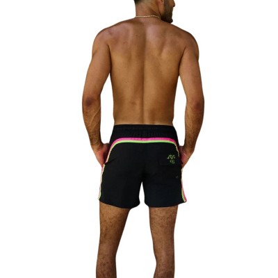 HEAT Swimwear Mens Double Neon Stripe Tie Front Board Short Swim Trunks, Black, Medium — фото 2