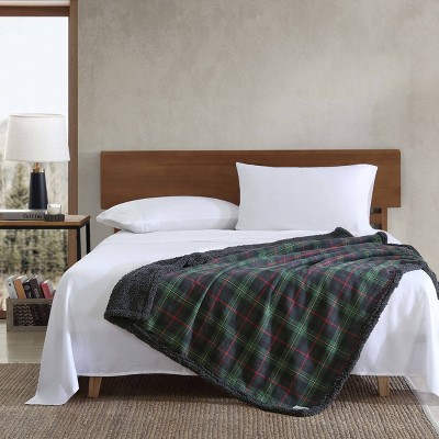 Cotton Flannel and Sherpa Reversible Throw Blanket in Tartan Green