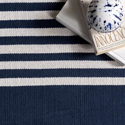 Blue Striped Cotton Reversible 5' x 8' Area Rug