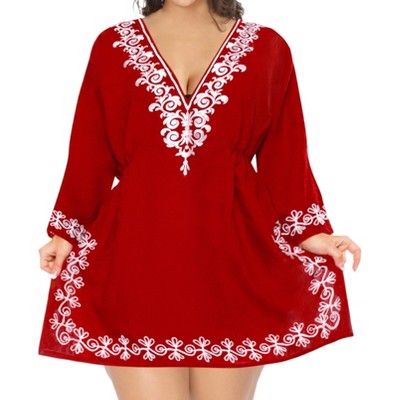 LA LEELA Women's Summer Holiday Mini Beachwear Bathing Suit Short Beach Dress Bikini Swimsuit Cover ups for Women Medium-Large Red, Solid