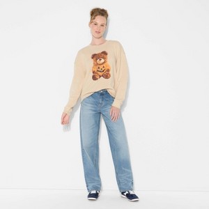 Women's Teddy Bear Pumpkin Graphic Sweatshirt - Beige - 1 of 3