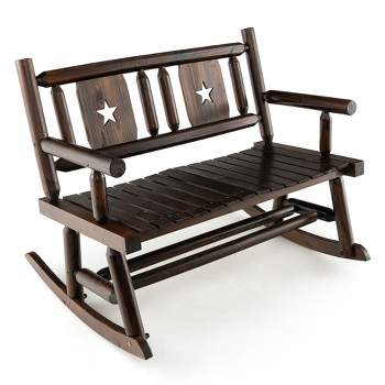 Tangkula Outdoor Carbonized Wood Rocking Bench Double Rocking Chair for 2 Persons w/ Wide Curved Seat