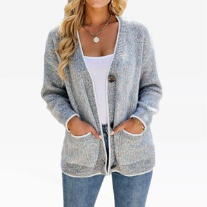 Women's Multicolor Mix Knit Sweater Cardigan with Pockets Color Block Outline Open Front Sweater Casual Long Sleeve Button Coats Outerwear - 1 of 4