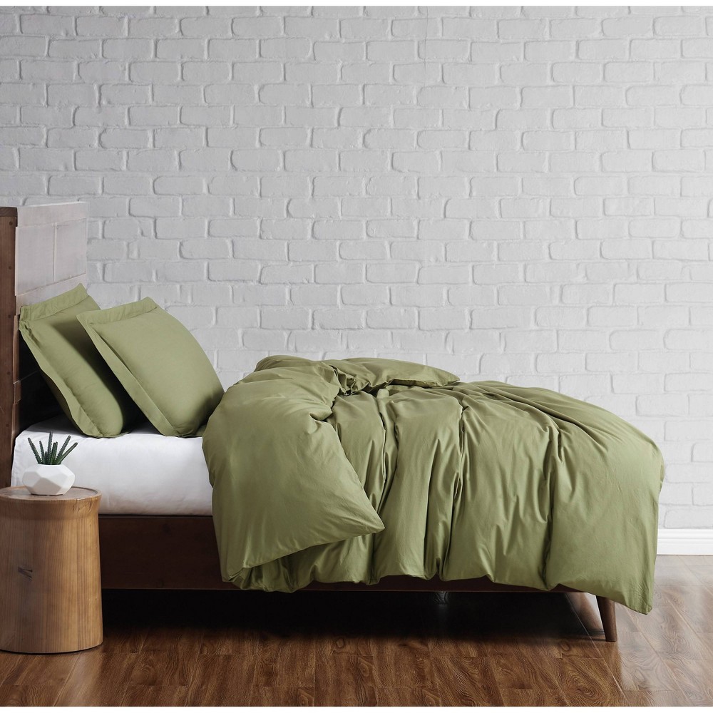 Photos - Bed Linen Brooklyn Loom 3pc Full/Queen Solid Cotton Percale Duvet Set Olive Green: 200 Thread Count, Includes 2 Shams